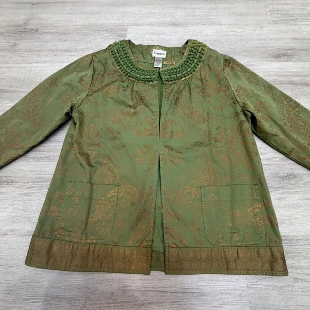 Chicos Persian Luster Zariah Jacquard Green Jacket Size 0